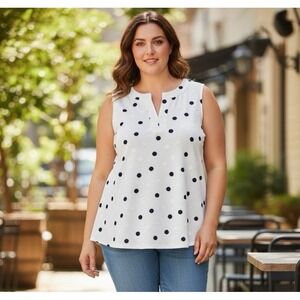 Talbots Plus 1X Sleeveless Lined Embroidered Dot Blouse White Navy EUC